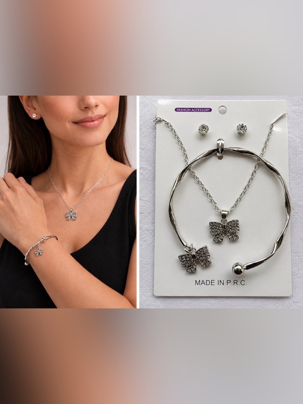 Silvertone Necklace Trio (Set of 3) CZ Necklace Earrings Bracelet BOW Charms NEW